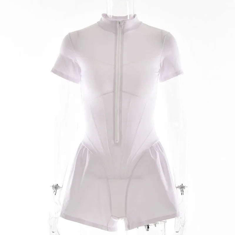 2025 Nieuwe dames jumpsuit effen kleur rits O-hals korte mouwen sport bodysuits dames zomer sexy slanke eendelige playsuits