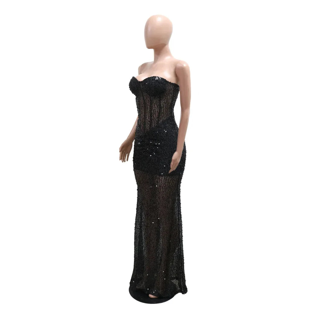 Sexy Strapless Sequin Party Dresses Long Cocktail Formal Prom Dress