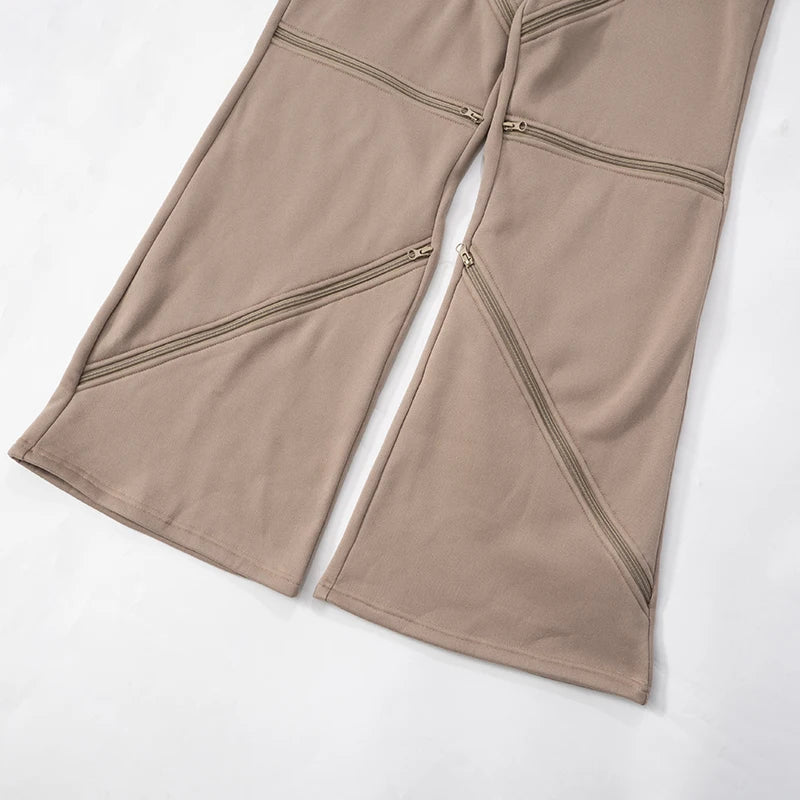 Zip Hollow Pants Street Fashion Trend Casual Sportief Effen Chic Devise Onregelmatig Basic Hipster Wijde Broeken Voor Vrouwen