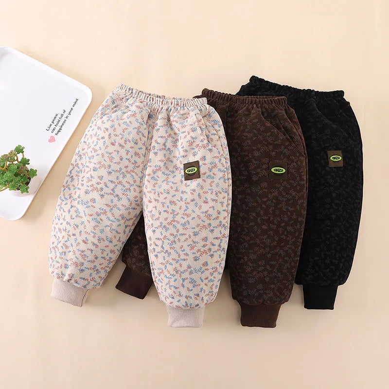 2024 New Children's Pants Girls Wheat Ear Printed Thick Trousers Winter Fur Lining Boys Warm Casual Pants 0-5Y Unisex