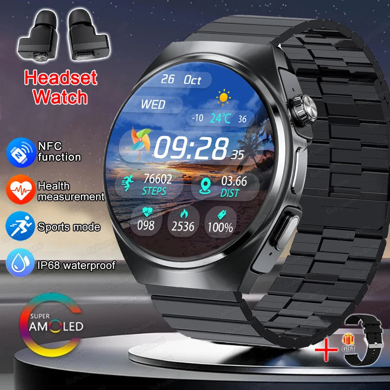 New Smart Watch Headset Two In One Wireless Bluetooth Dual Earbuds Call Health Monitor Sport Tracker Smartwatch - Compatible with HUAWEI IOS