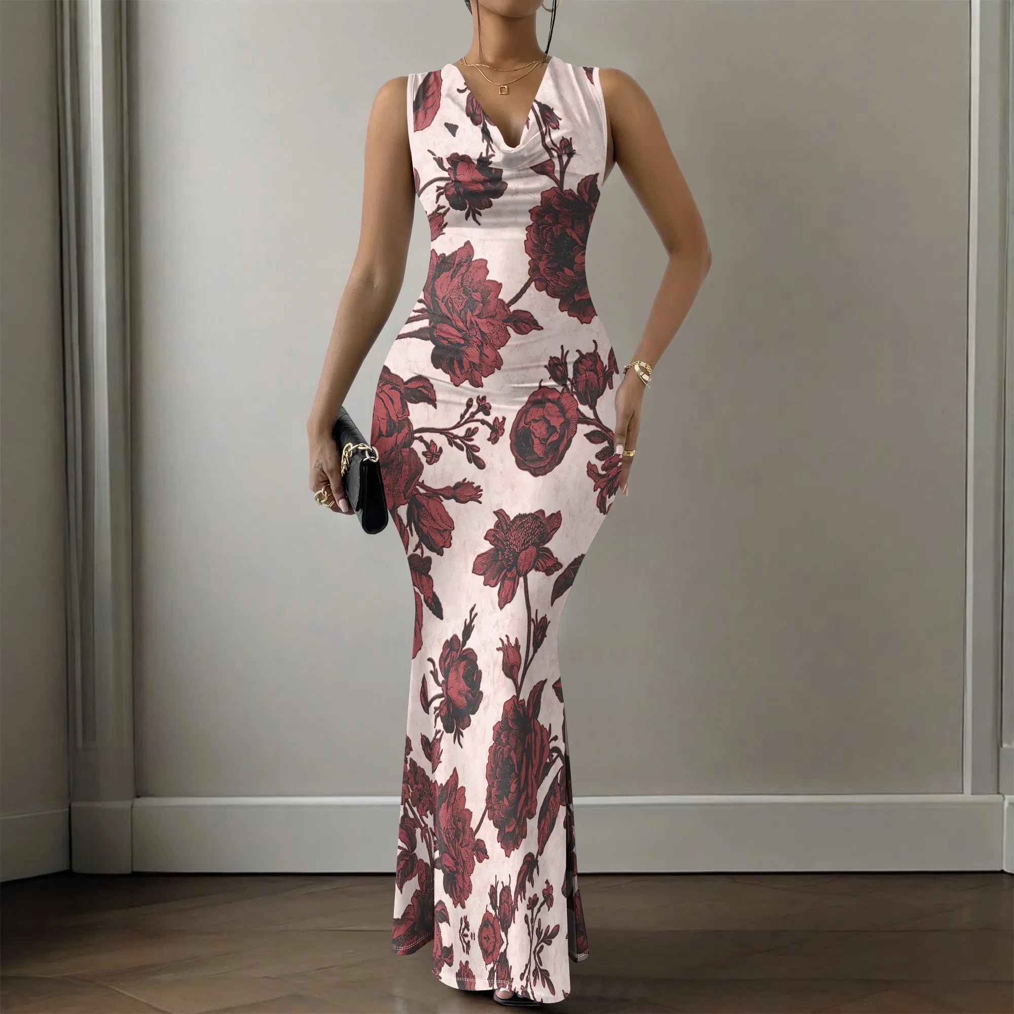 Women's V-Neck Sleeveless Maxi Dress Vintage Red Floral Print Elegant Bodycon Evening Dress
