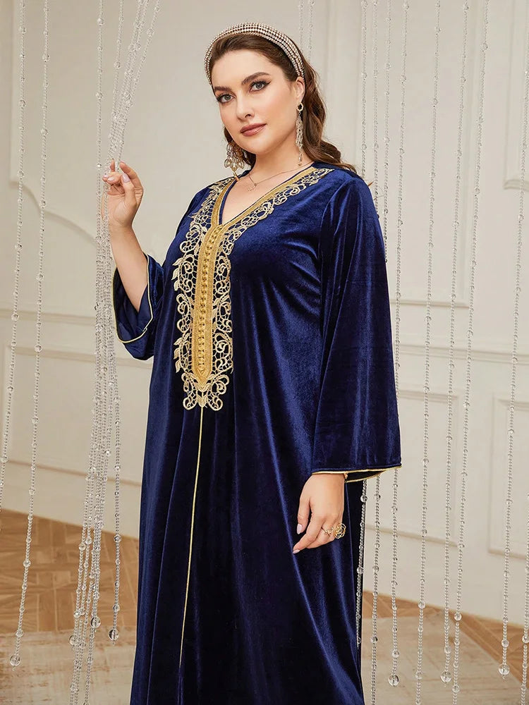 Women's Plus Size Contrast Lace Tape Velvet Dress New Autumn Winter Luxury Elegant Abaya Arabian Muslim Maxi Dresses
