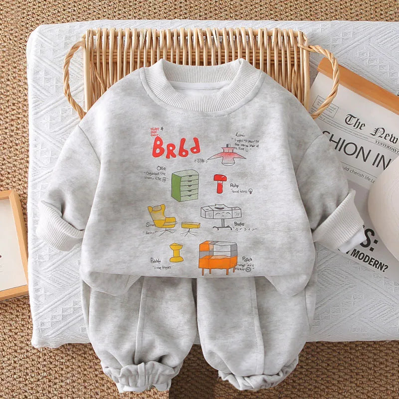 New Autumn Children Sweatshirt Set Sweet Cartoon Boys Hoodie + Sweatpants Kids 2PCS Printing Casual Suit 1-5T Unisex