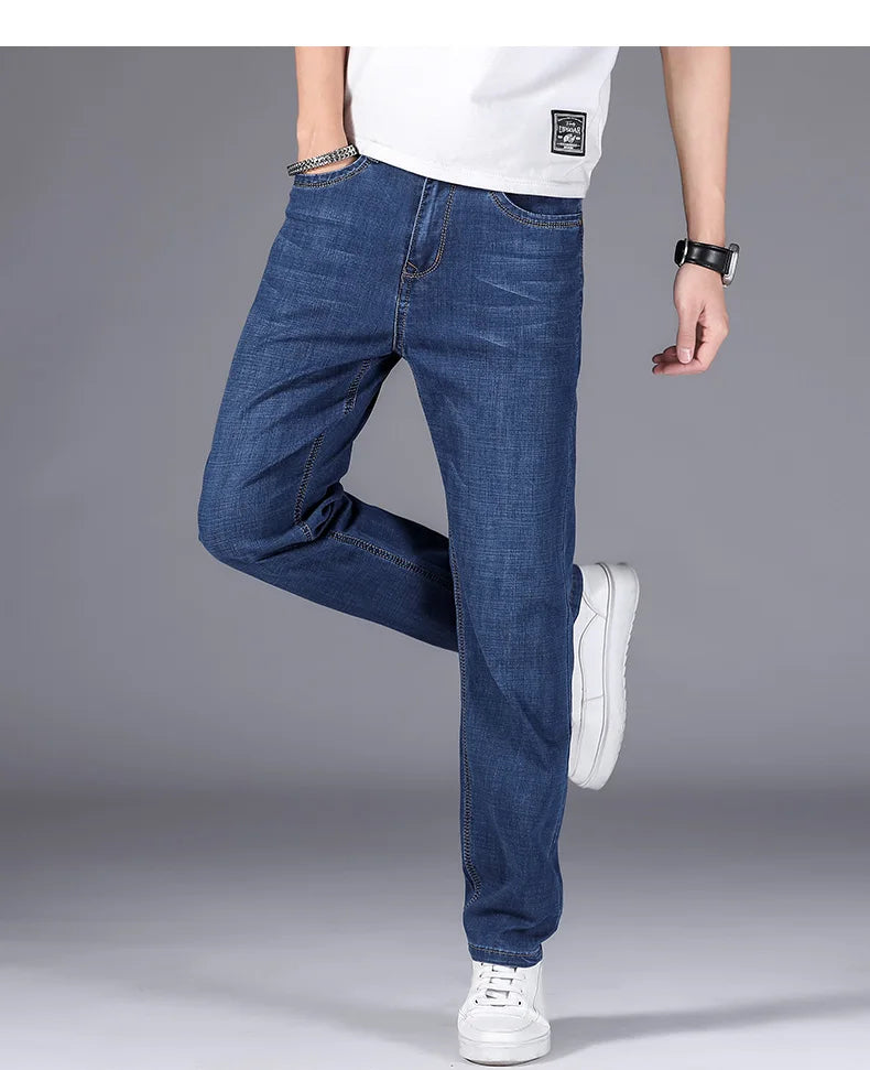 2025 Dunne of dikke stoffen kantoor- en zakenjeans voor heren, klassiek blauw, zwart, katoenen stretch, rechte denimbroek, herenmerkbroeken