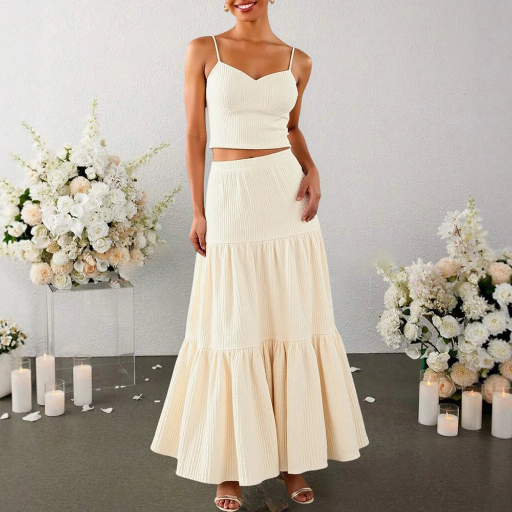 Sets Summer Simple Decent Solid Colour Screw Thread Sleeveless Sweetheart Neck High Waist Pleated Skirt Sets For Women