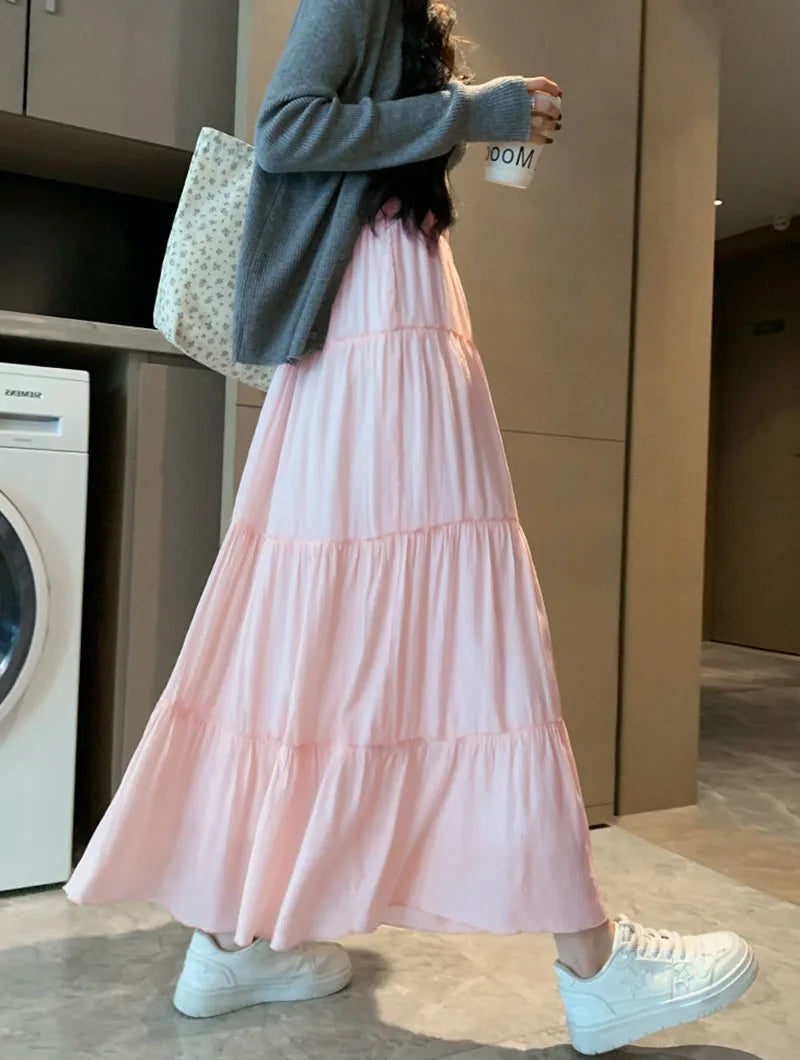 Spring Summer Women Long Skirts Fashion High Waist Elastic Patchwork A-Line Skirt Casual All-Match White Cake Maxi Skirts Female