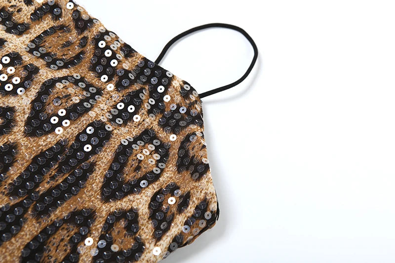 Shine Sequins Dress Women Leopard Print Hipster Backless Skinny Midnight Club Party Sexy Coquette Classic Mini Bodycon