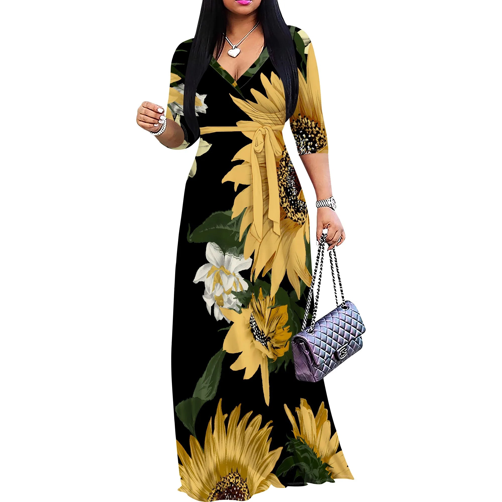Vacation V-Neck Wrap Dress - Adjustable Tie Waist Floral Midi Dress, Tropical Resort Wear for Women