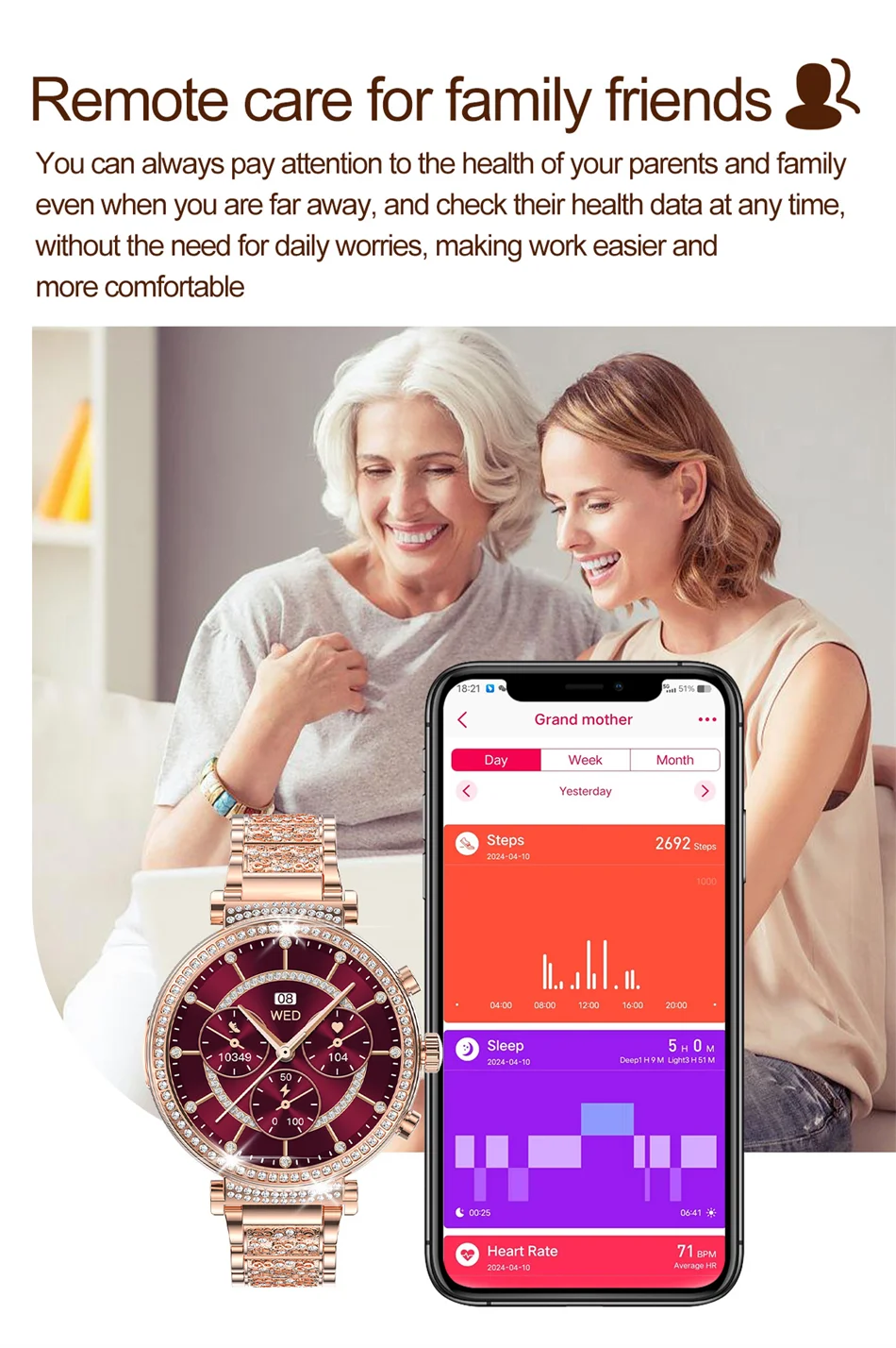 Women Diamond Smart Watch ECG Women Health tracking Watch Full Touch Screen BT Call Custom dial Smartwatch Compatible with Huawei & Xiaomi IOS