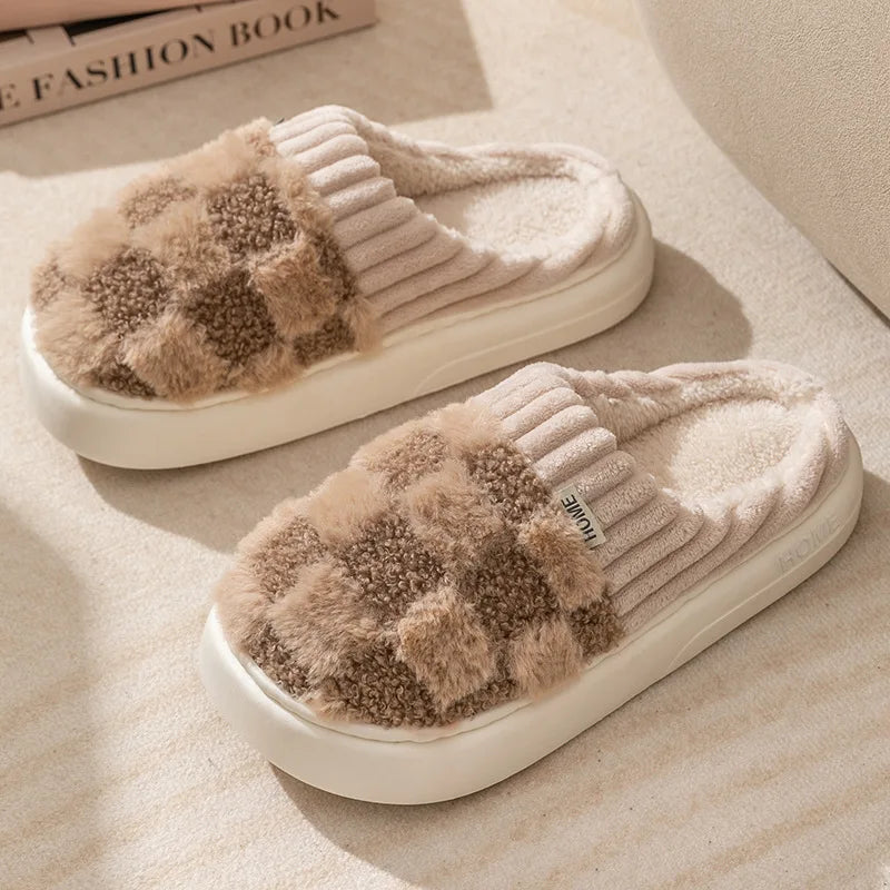 Women's Winter Warm Fur Fuzzy Slippers For Ladies With Pineapple Lattice Soft and Non-Slip Sole Plush Fluffy Cotton Ladies' Shoes