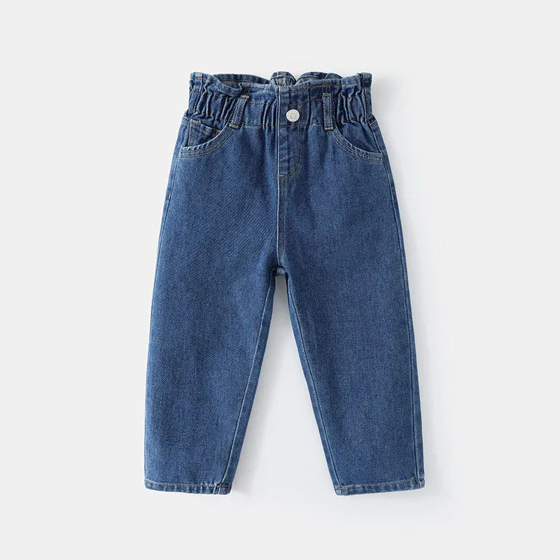 New Spring Kids Jeans Girls Boys Cute Solid Colour Denim Blue Pants Children Loose Trousers 4-6Y Unisex