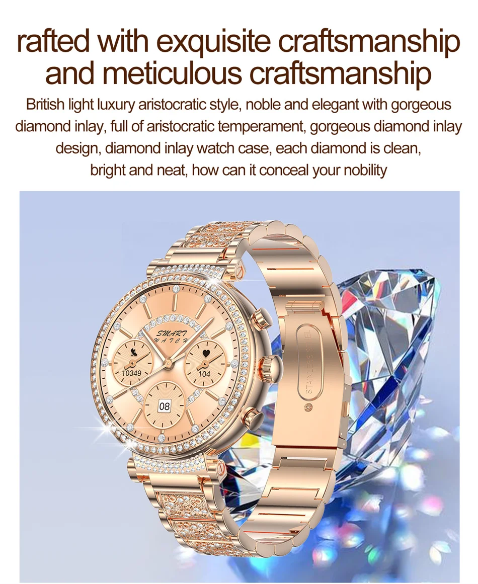 Women Diamond Smart Watch ECG Women Health tracking Watch Full Touch Screen BT Call Custom dial Smartwatch Compatible with Huawei & Xiaomi IOS