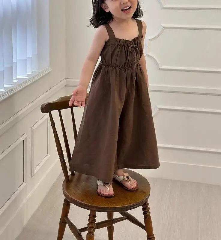 2025 Zomer Nieuwe Meisjes Mode Sling Wijde Pijpen Broek Katoen Kinderen Casual Overalls Kinderen Jumpsuit Effen Baby Meisjes Losse Broeken 4-6Y