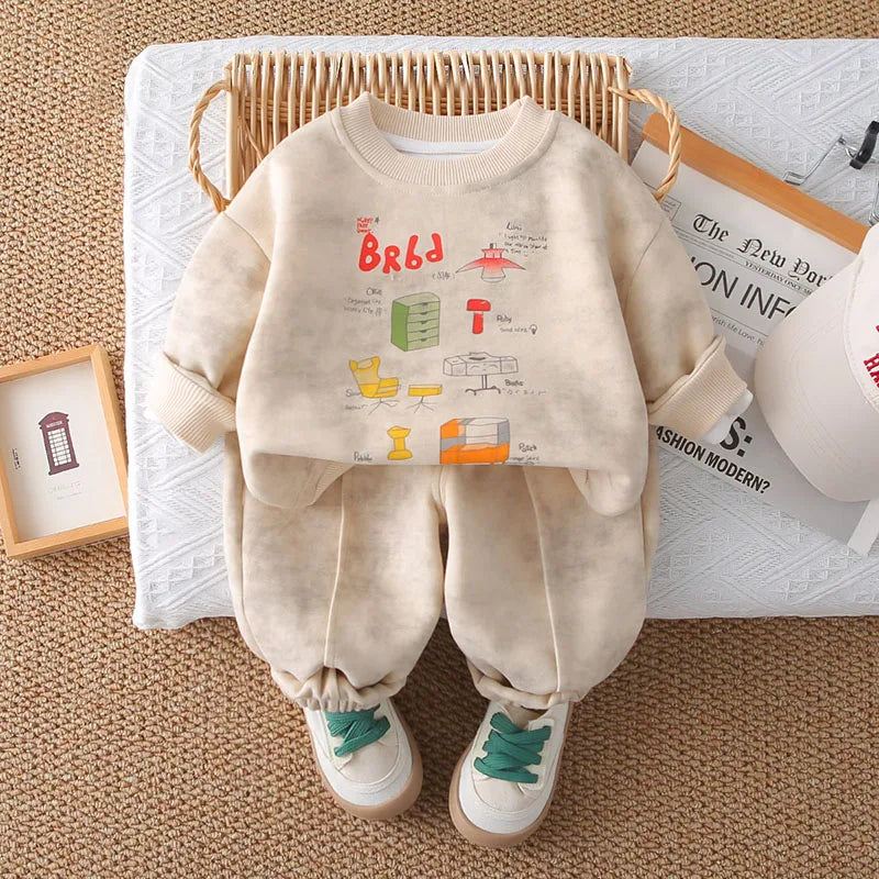 New Autumn Children Sweatshirt Set Sweet Cartoon Boys Hoodie + Sweatpants Kids 2PCS Printing Casual Suit 1-5T Unisex