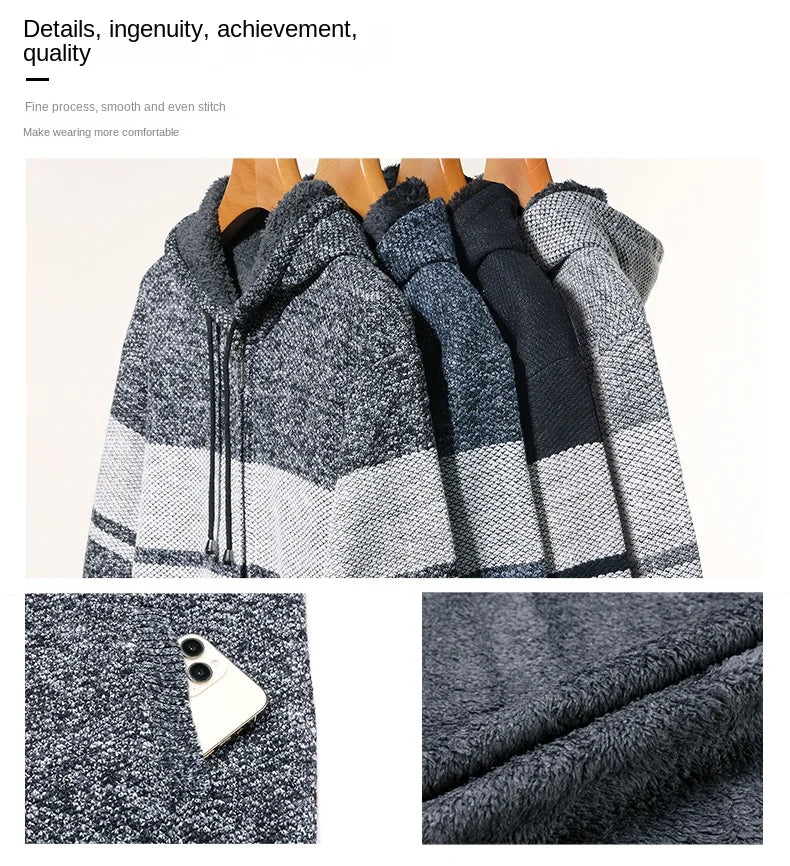 Men's High Quality Thick Plus Velvet New Brand Casual Fashion Hooded Jacket, Zipper Warm Patchwork Windbreaker Male Coats
