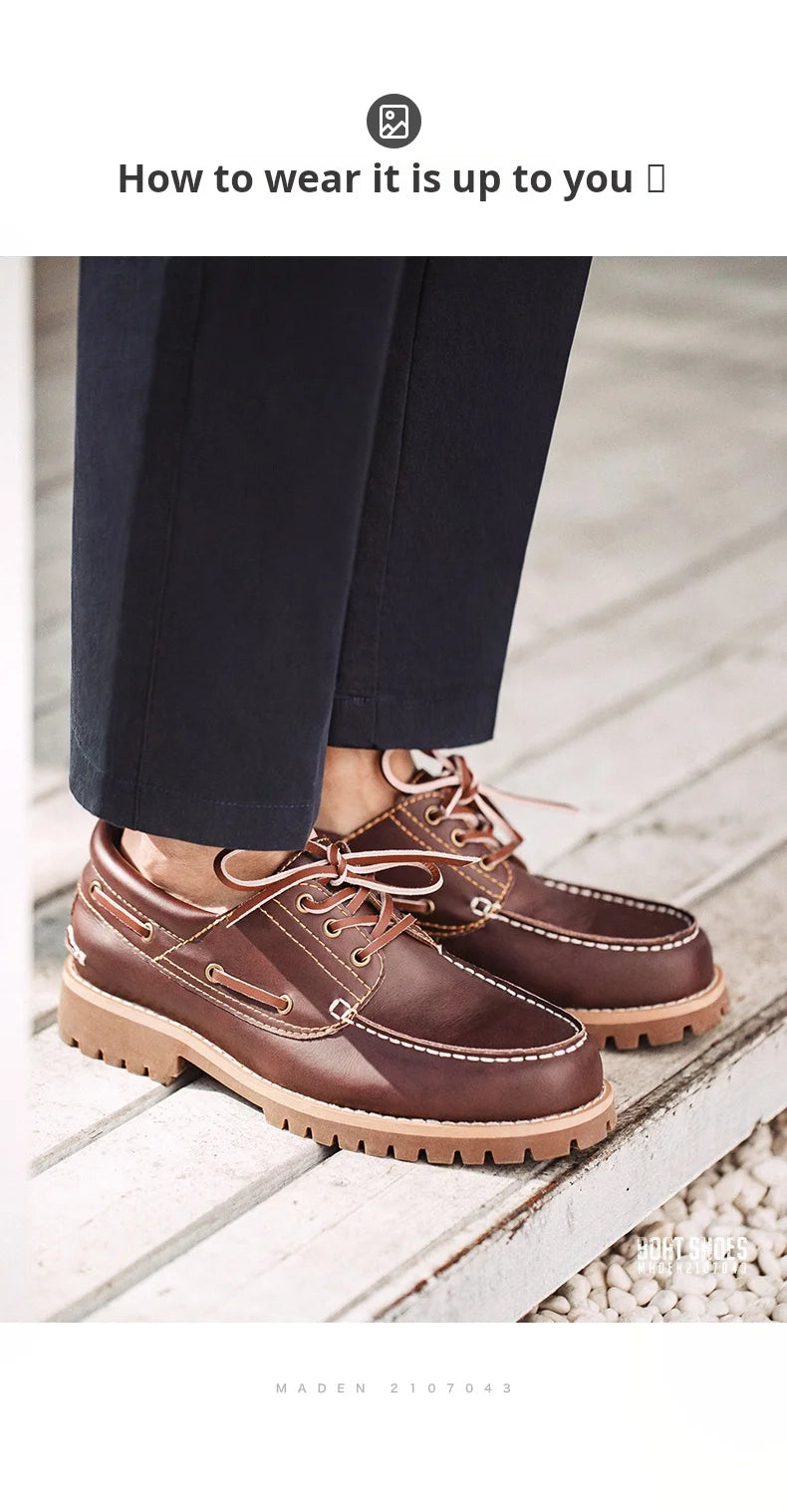 Men's Vintage Second-layer Cowhide Boat Shoes Genuine Leather Derby Shoes Round Toe Low Top Boots British Style Work Shoes