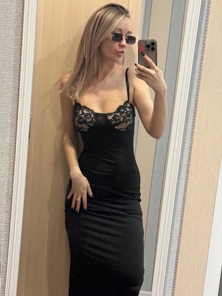 Sexy Camis Dress Women Skinny Patchwork Chest Summer Elegant Skinny Elastic Stretch Maxi Bodycon Clubwear Vestidos