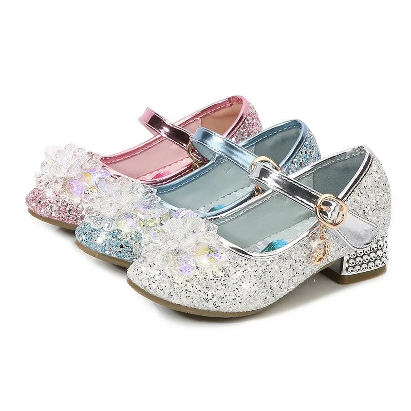 Frozen Elsa Princess Meisjes Leren Kristallen Schoenen Glitter Casual Hoge Hakken Meisjes Sandalen Roze Blauw Zilver Elsa Schoenen