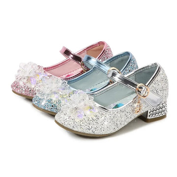 Frozen Elsa Princess Meisjes Leren Kristallen Schoenen Glitter Casual Hoge Hakken Meisjes Sandalen Roze Blauw Zilver Elsa Schoenen