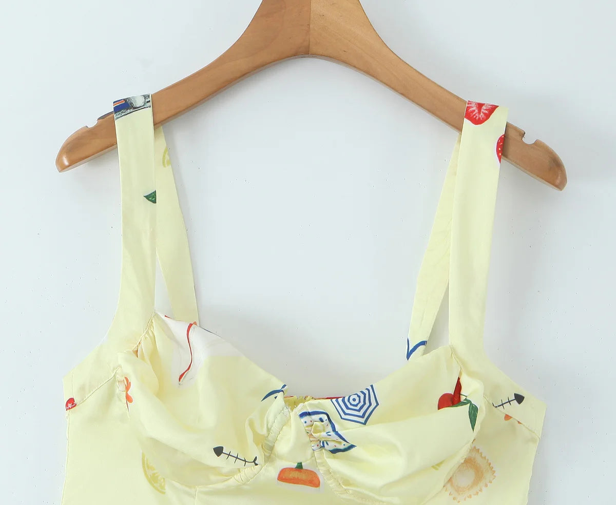 Cute Print Yellow Sexy Corset Style Sling Mini Dresses Women Summer A-line Holiday Dress Backless Robe