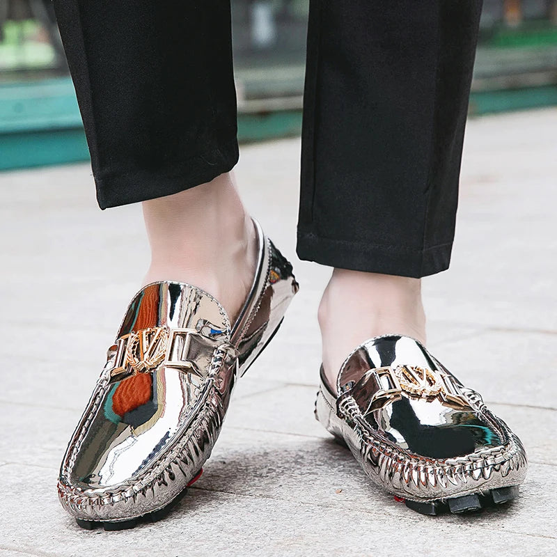 New Cool Male Formal Dress Shoes Silver Casual Moccasin Shoes for Men Large Size 38-48 Youth Fashion Popular Driving Loafers