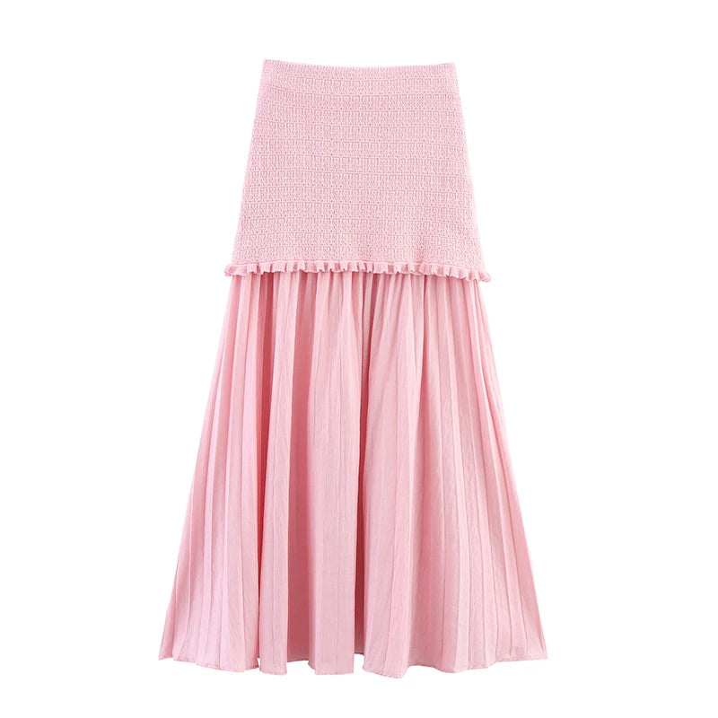 Elastic High Waist Patchwork Knit Skirt for Women Pleated Hem Elegant Long Ankle-Length Polyester Faldas Mujer