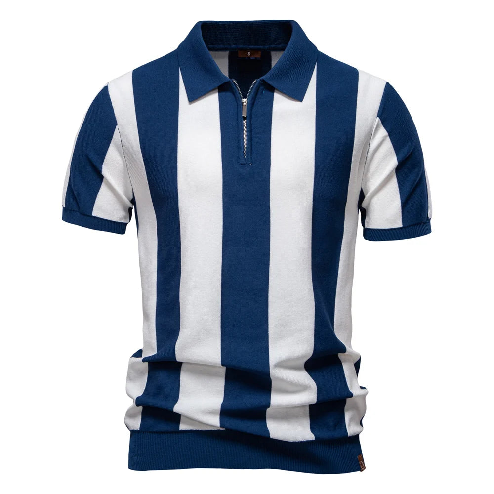 Men's Summer Breathable And Striped Contrast Panel Polo Shirt - Casual Short-Sleeve Knit Shirt With Comfort Fit