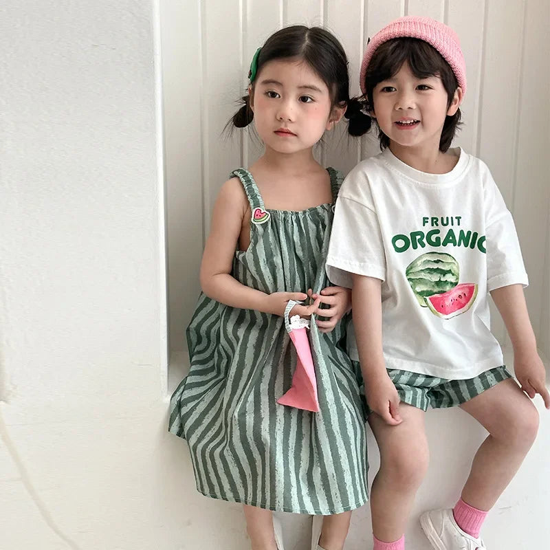 Children's Summer Clothes 2PCs Set Boys' Pure Cotton Striped Tee and Shorts Suit Cute Girls Suspenders Dress Siblings' Outfit Unisex