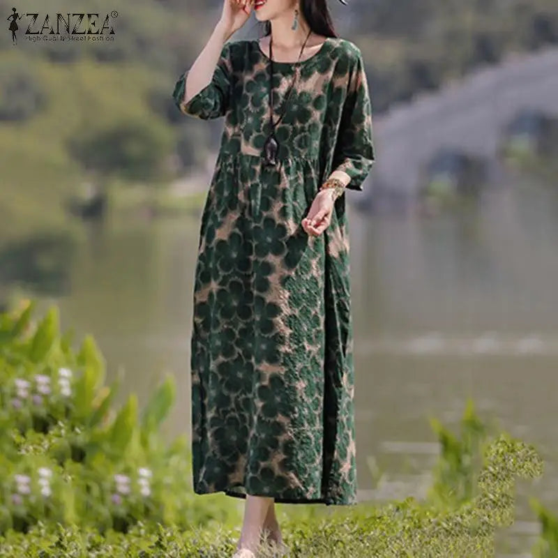 Bohemian Floral Printed Dress Autumn Long Sleeve O-Neck Maxi Robe Woman Casual Holiday Sundress Elegant Party Vestidos