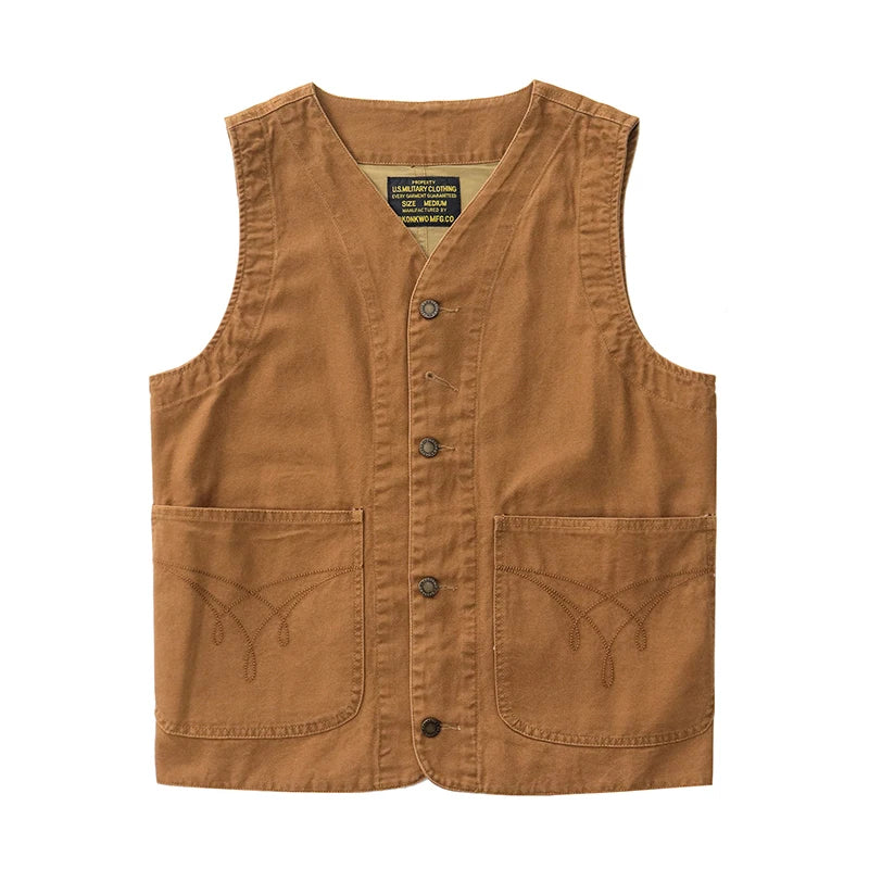 2024 Autumn New American Retro 12OZ Denim Cargo Vest Men's Simple 100% Cotton Washed Old Casual Multi-pocket Waistcoat Jacket