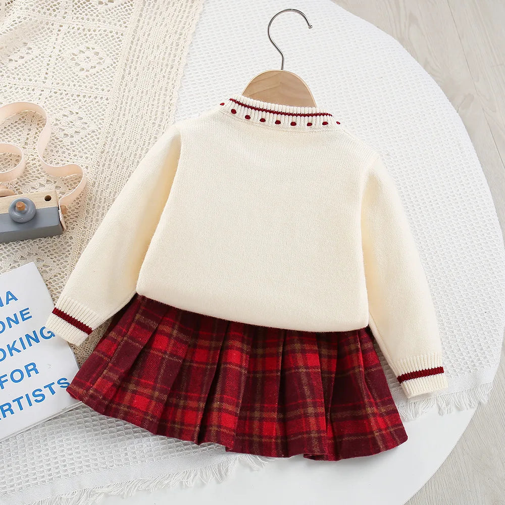 New Autumn Kids Sweater Set Cute Colourful Buttons Girls Knitted Shirt + Checked Skirt Children Sweet Thin Outfit 9M-5T Girls