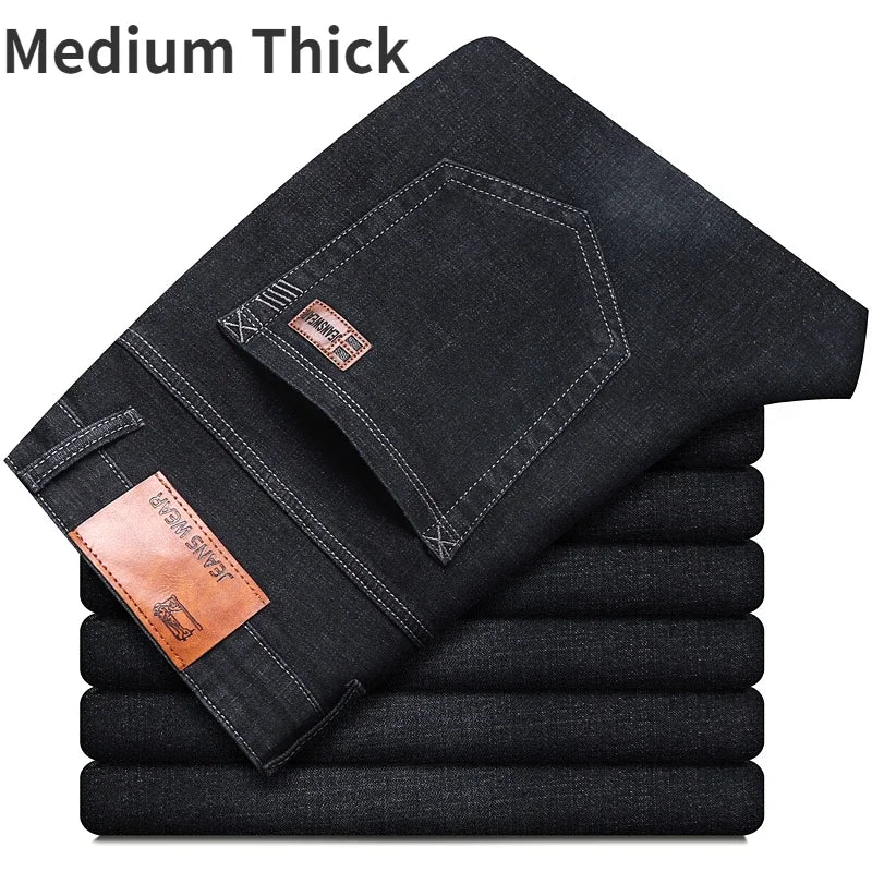 2025 Dunne of dikke stoffen kantoor- en zakenjeans voor heren, klassiek blauw, zwart, katoenen stretch, rechte denimbroek, herenmerkbroeken