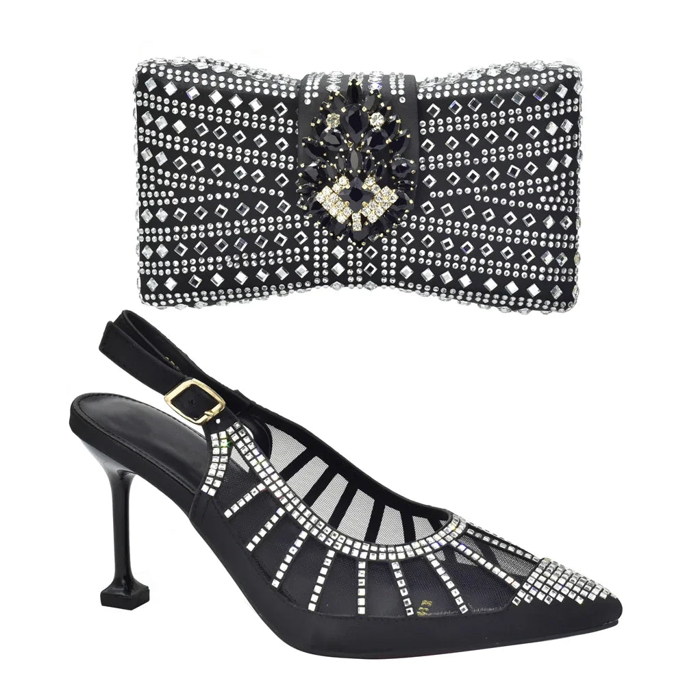 2025 Italian Shoes and Bags Matching Set Decorated with Rhinestone Plus Size Heels