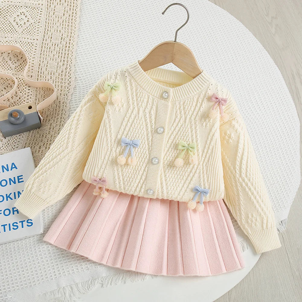 Autumn Kids Clothes 2PCS Set Candy Colour Bow Girls Knitted Sweater + Short Skirt Korean Loose Children Outfit 9M-5T