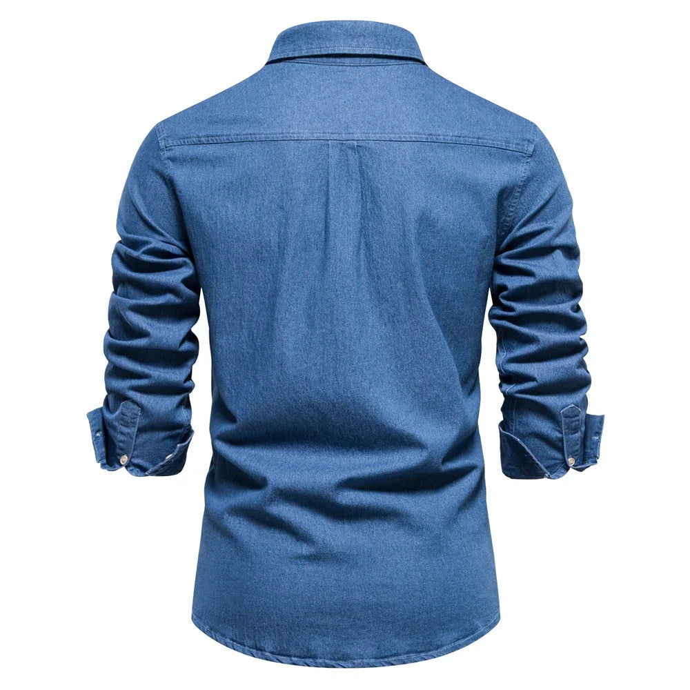 Men's Autumn Cotton Denim Shirt Solid Colour Single Pocket Casual Long Sleeve Jeans Shirt for Men