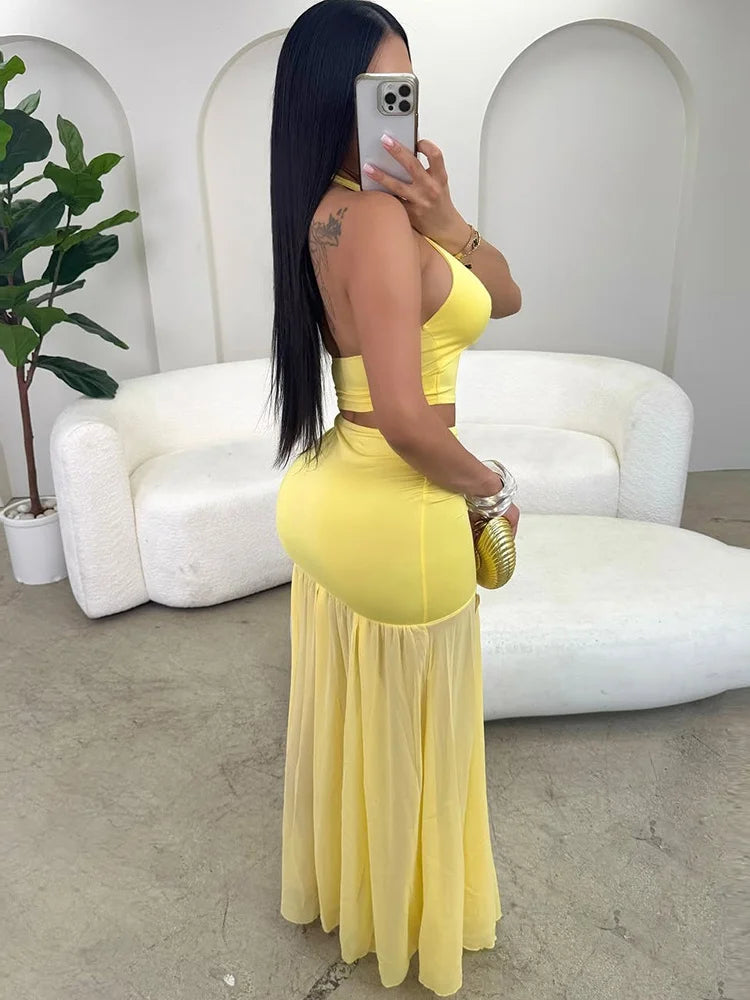 Sexy Fashion 2 Piece Set Women Metal Flower Decoration Halter Hollow Tops + Mesh Patchwork Long Skirts Elegant Outfits