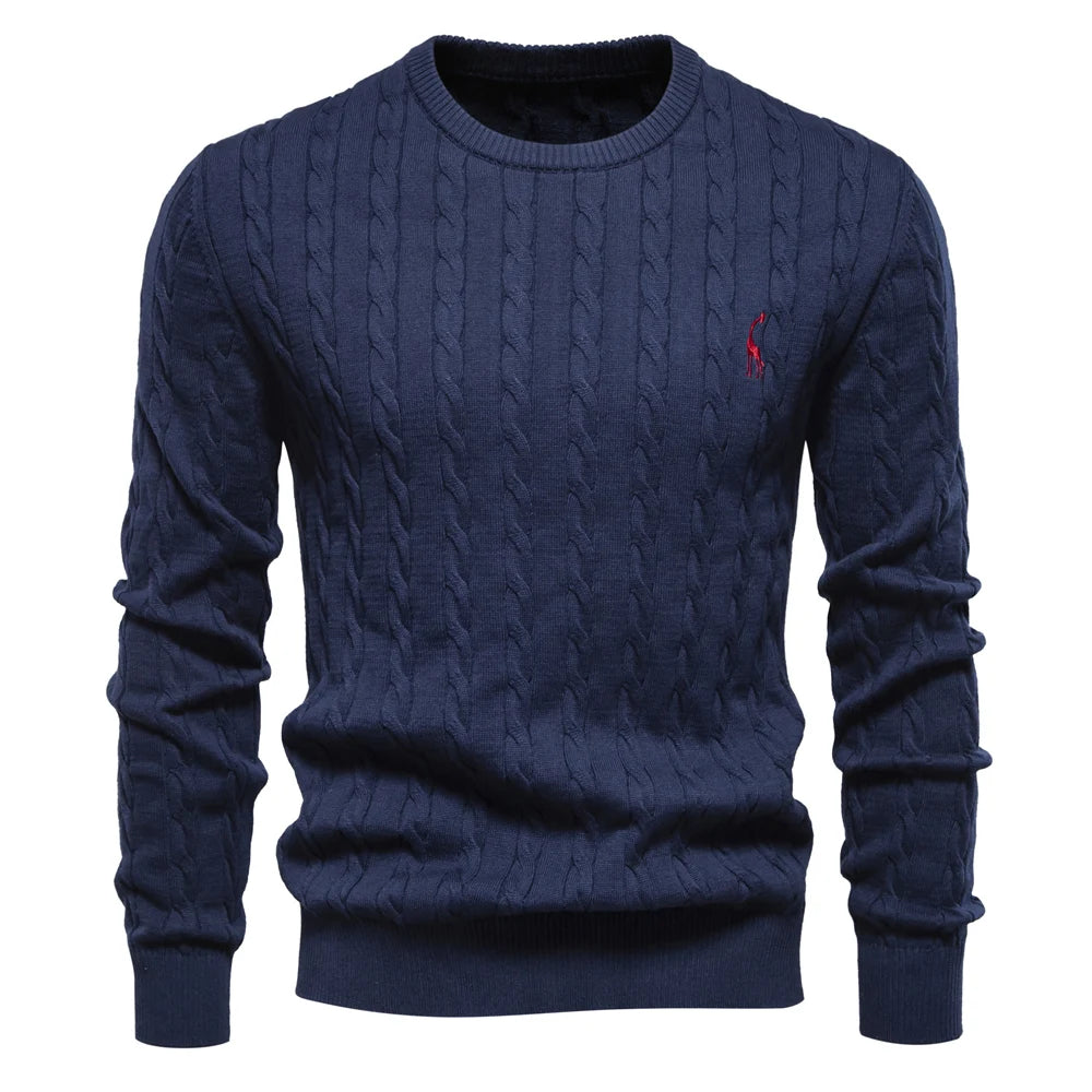 Men's Giraffe Embroidery Cotton Sweaters Round Neck Classic Twist Patterned Pullover Knitted Sweater for Men