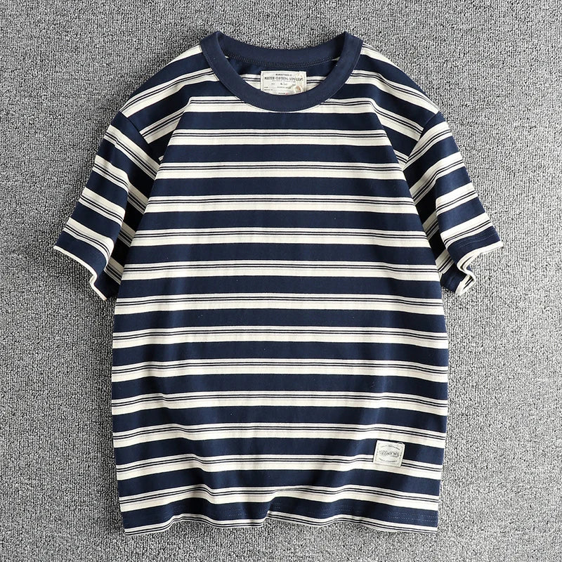 2024 Zomer Nieuw Amerikaans Retro 240g Korte Mouw O-hals Gestreept T-shirt Heren Eenvoudig 100% Katoen Gewassen Zware Casual Tops