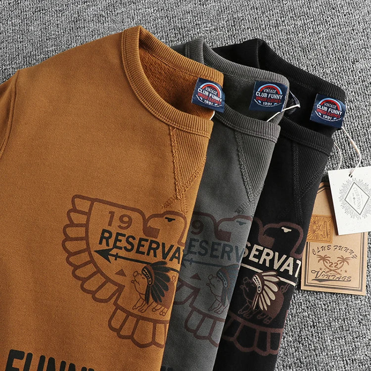 Winter American Retro 420g Thick Velvet Indian Elemet Printed Sweatshirts Men's Simple Washed Youth Casual Pullover Sportwear