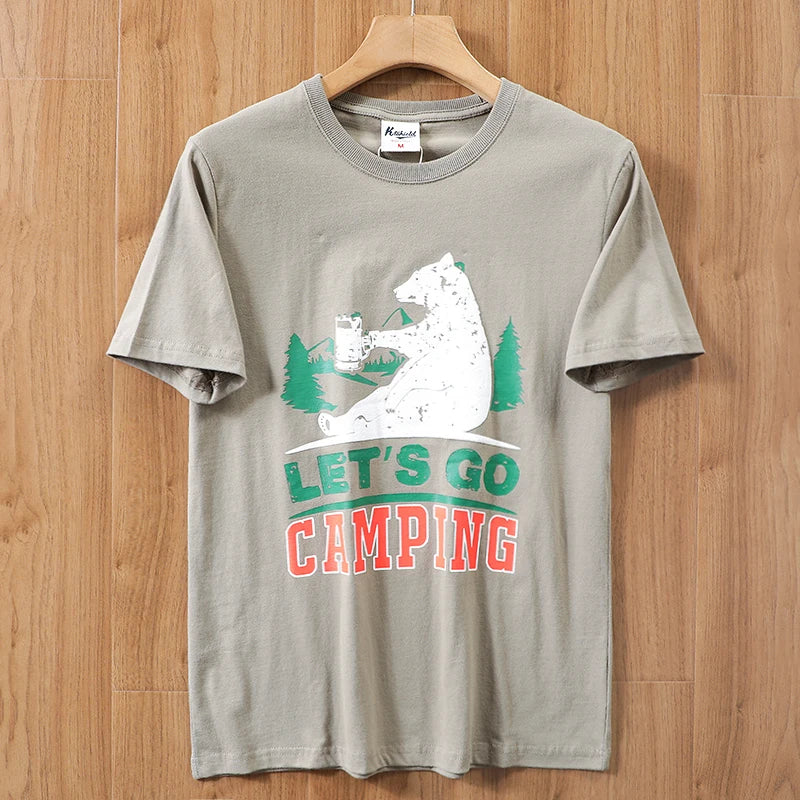 2025 Summer New American Retro 250g Short Sleeve O-neck Printed T-shirt Men's Fashion 100% Cotton Washed Casual Loose Tops