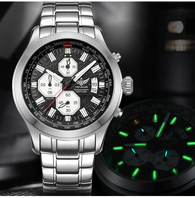 Yelang Men's Three Eyes Six Needles Japan OS00 Movement 100M Water Resistant Waterproof Diving Stainless Steel Quartz Watch