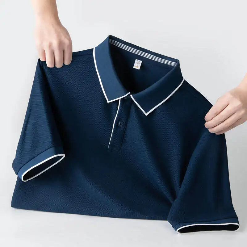 Men's Business Casual Polo Shirt With White Trim Short Sleeve, Classic Collar Design, Breathable, & Male Stylish T-Shirt