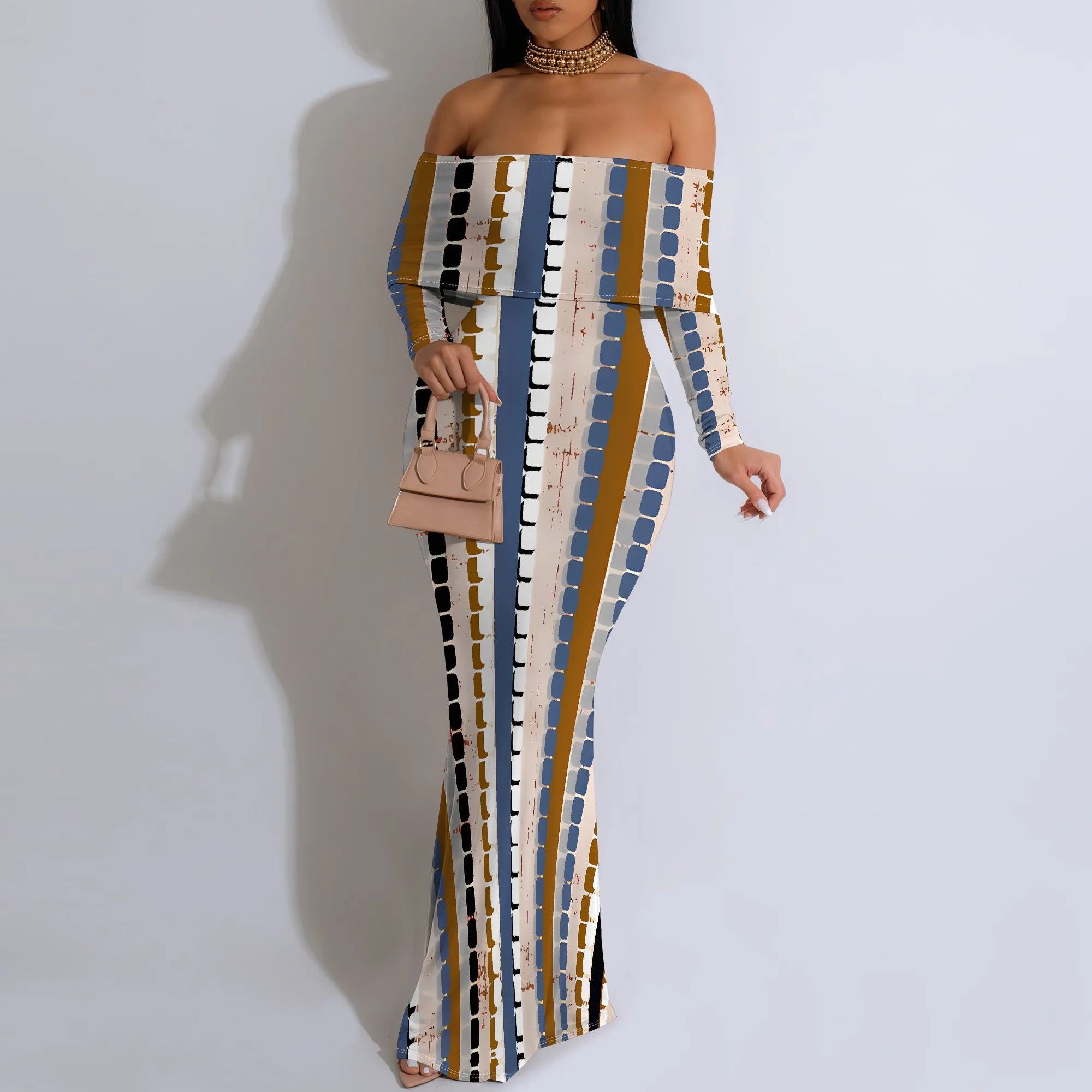 Yellow Floral Print Maxi Dress Off Shoulder Long Sleeve Elegant Bodycon Gown for Spring Picnic