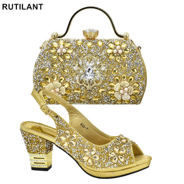 Italian Women Wedding Shoes and Bag Set Decorated with Rhinestone Africa Shoe and Bag Set Plus Size Heels 43 Wedding Shoes Bride