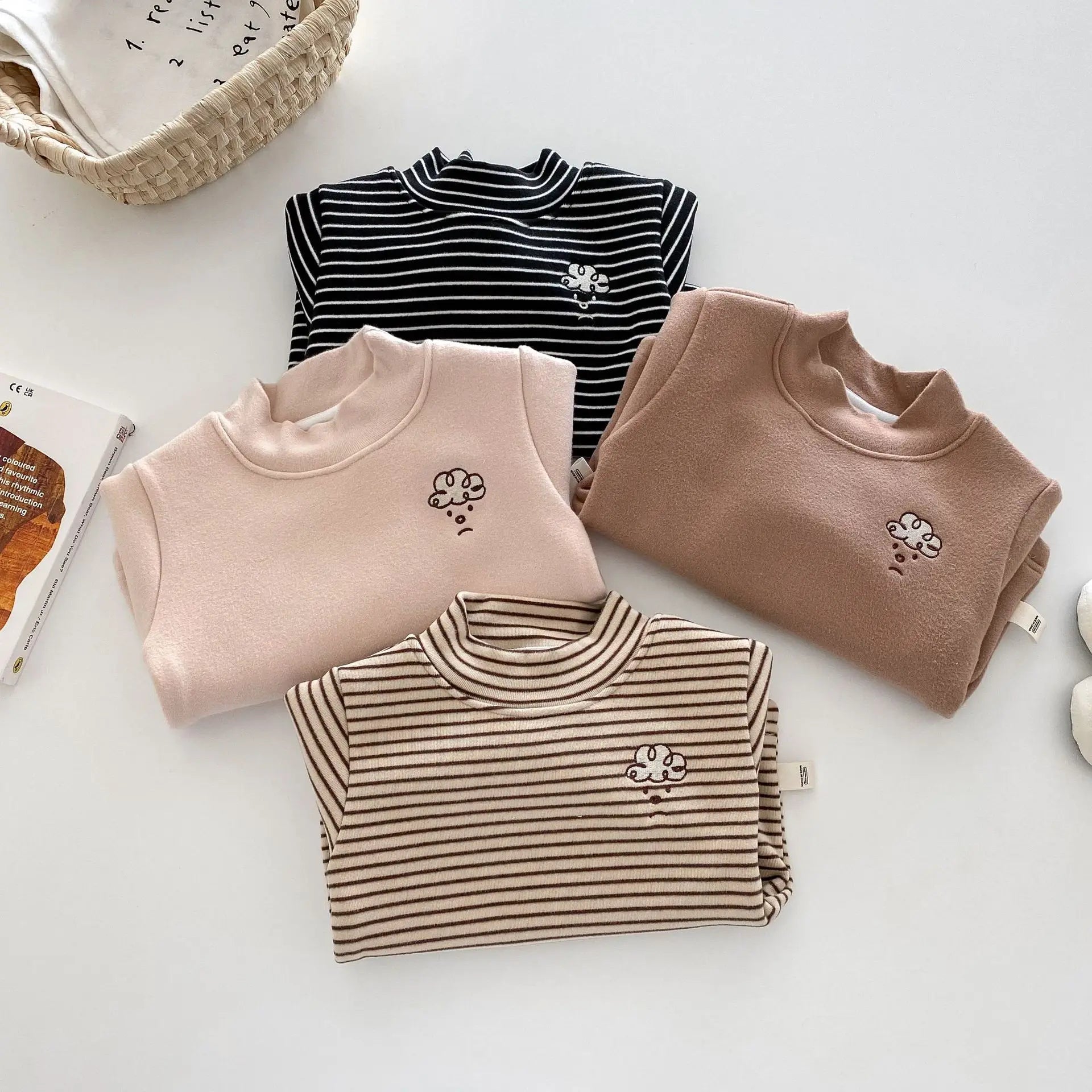 Herfst Kinder Basis Shirt Jongens Halve Turtleneck Warme Onderkant Tops Meisjes Bontvoering Geborduurde Gestreepte Blouse 0-5 Jaar Unisex