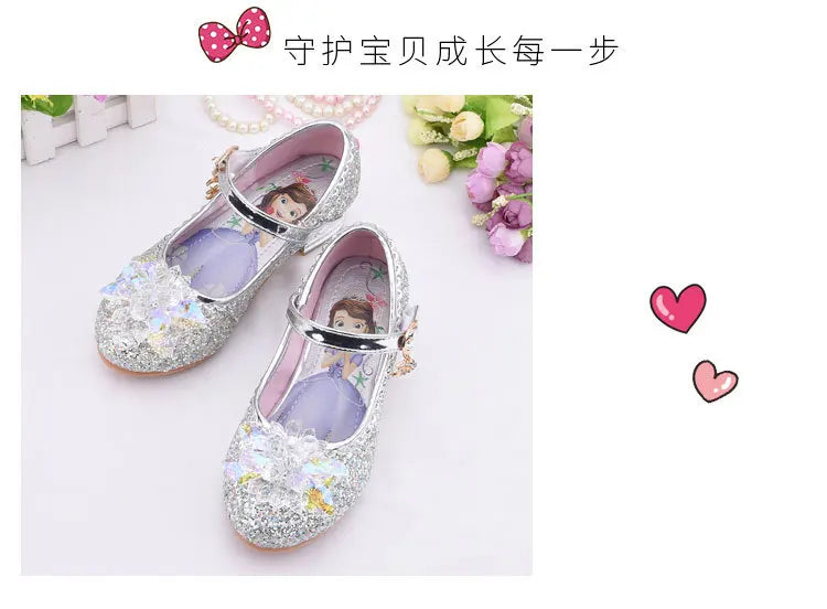 Frozen Elsa Princess Girls Leather Crystal Shoes Glitter Casual High Heels Girls Sandals Pink Blue Silver Elsa Shoes