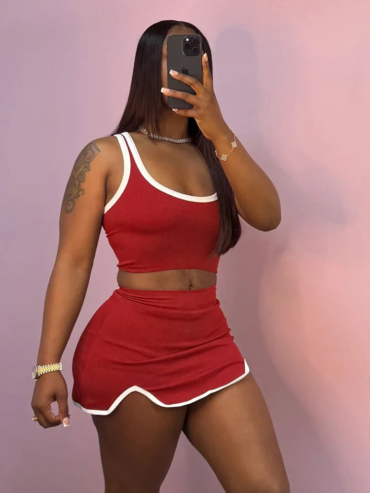 Casual Simple Women 2 Piece Set Tracksuit Skinny Tank Tops + Irregular Hem Skirts Matching Stretch Streetwear Outfits