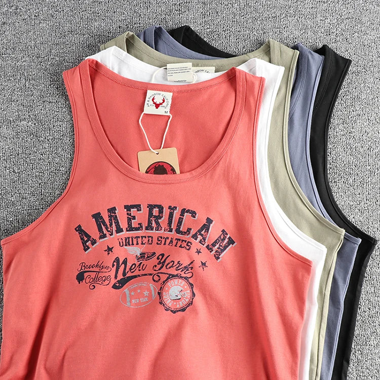 Summer New American Retro Sleeveless O-neck Letter Printed T-shirt Men's Fashion 100% Cotton Washed Casual Sports Vest Tops