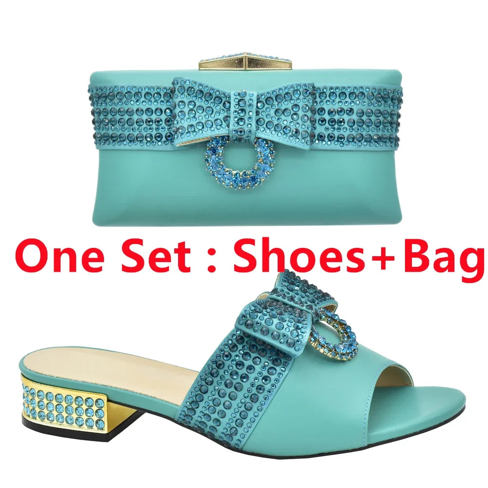 Italian Ladies Shoes and Bags To Match Set Decorated with Rhinestone Sling Backs Low (1cm-3cm) Luxury Shoes Women Designers